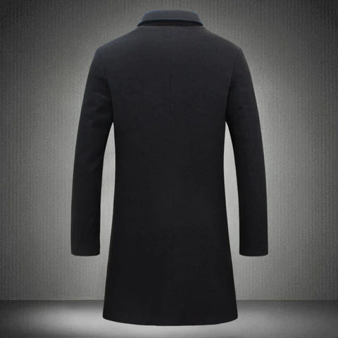 Theodore long formal wool coat in black, back view
