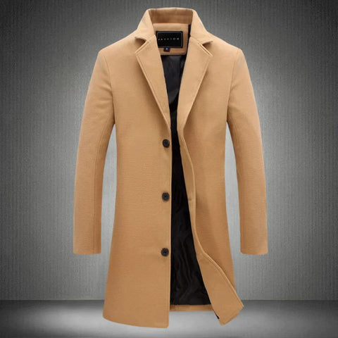 Theodore long formal wool coat in camel, front view