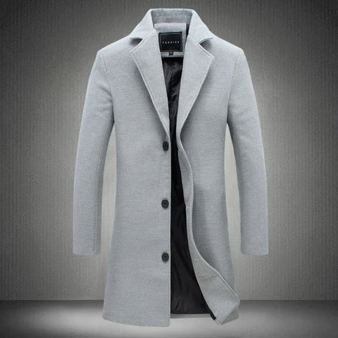 Theodore long formal wool coat in light gray, front view