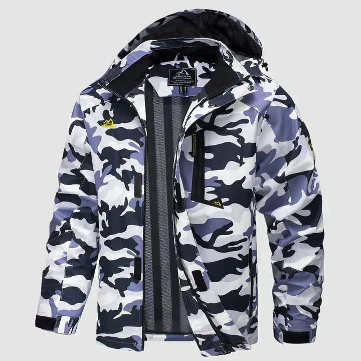 Vivian hooded winter jacket in gray camouflage, front view