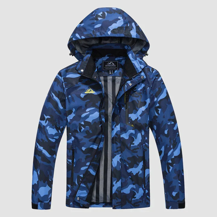 Vivian hooded winter jacket in blue camouflage, front view