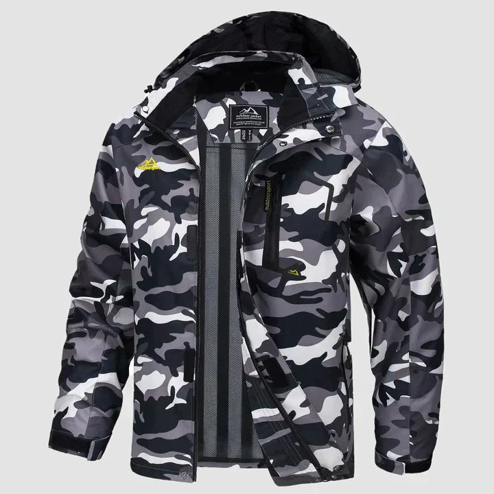 Vivian hooded winter jacket in black camouflage, front view