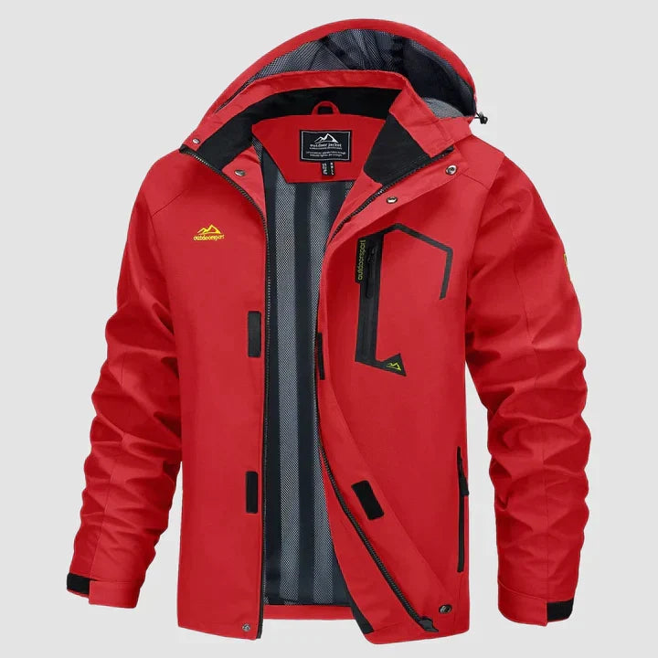 Vivian hooded winter jacket in red, front view