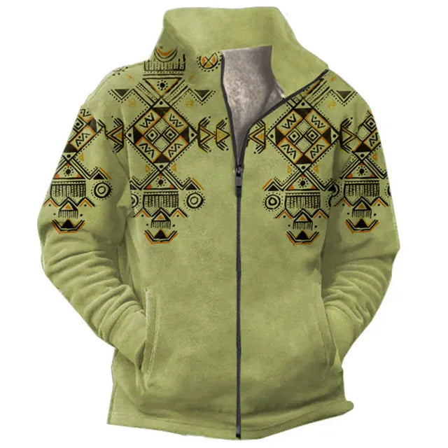 Weston aztec print sherpa lined fleece jacket in olive, front view