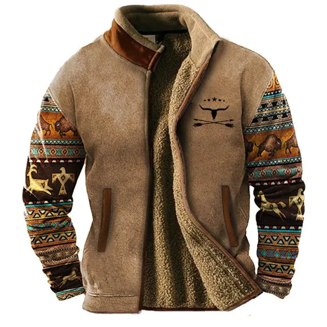 Weston aztec print sherpa lined fleece jacket with logo detail, open front view