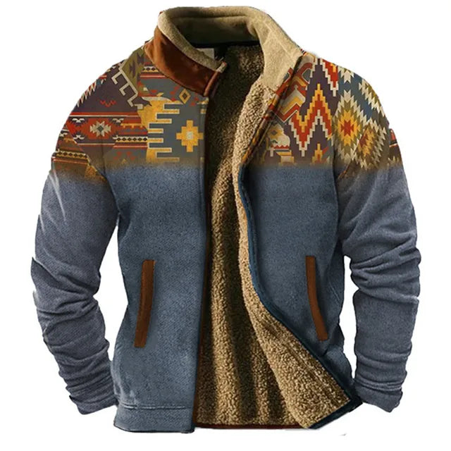 Weston aztec print sherpa lined fleece jacket in blue, open front view