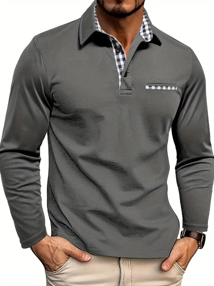 Weston long sleeve polo shirt in gray, front view with gingham collar trim