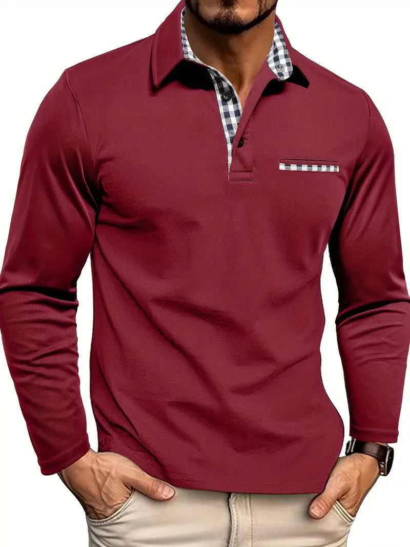 Weston long sleeve polo shirt in burgundy, front view with chest pocket detail