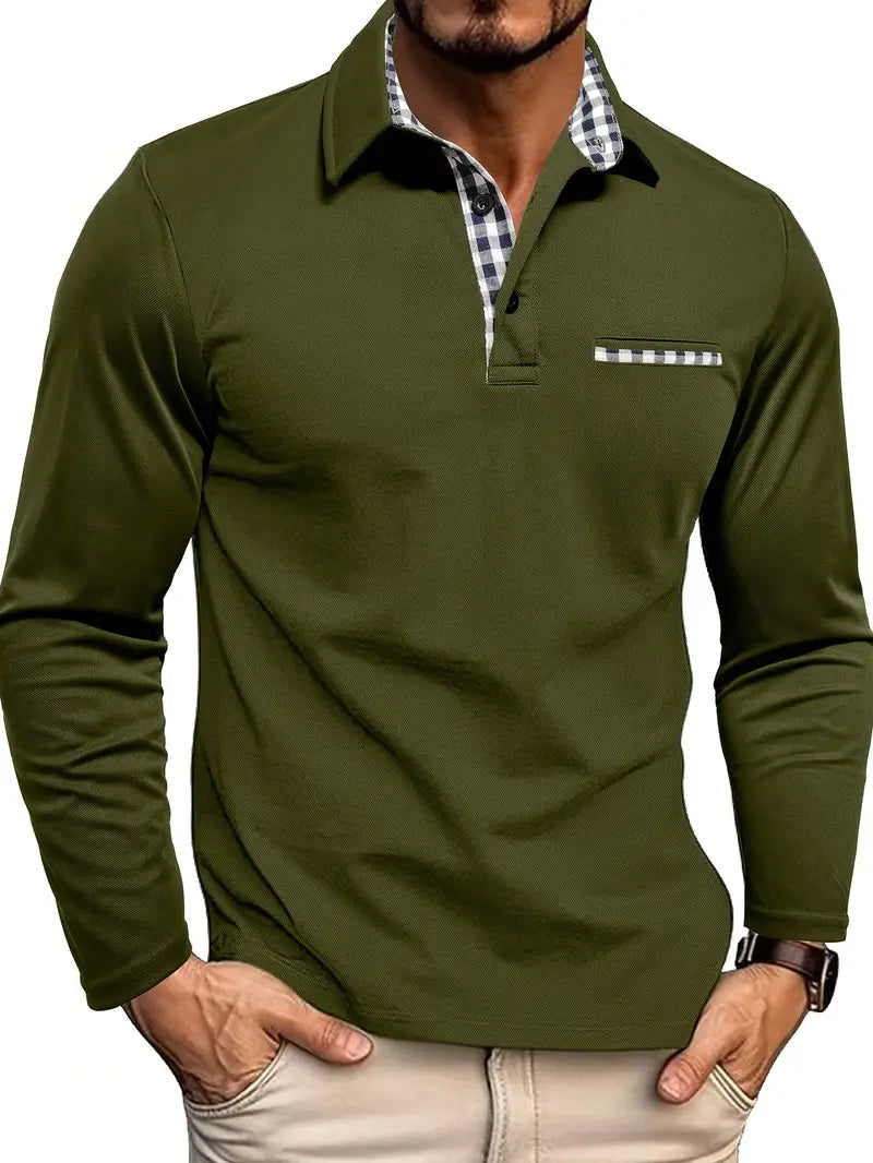 Weston long sleeve polo shirt in olive green, front view with button placket