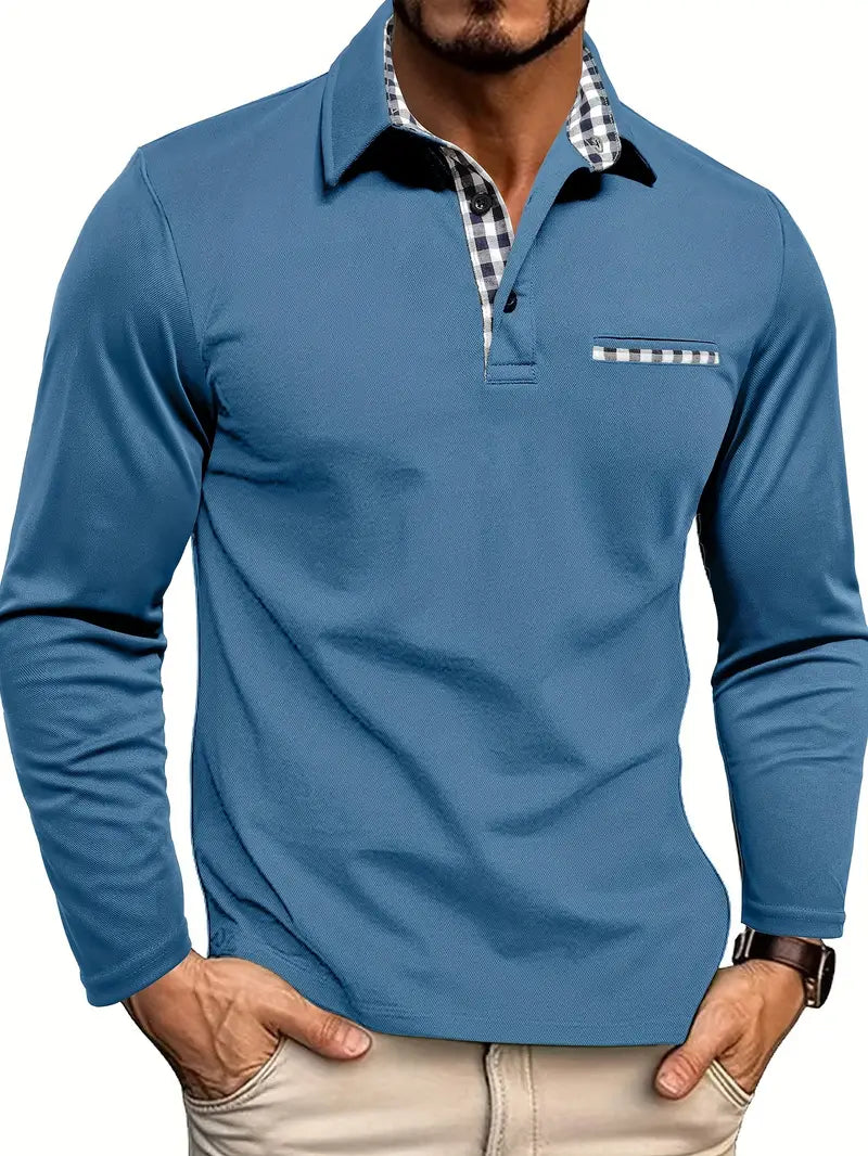 Weston long sleeve polo shirt in light blue, close-up front view