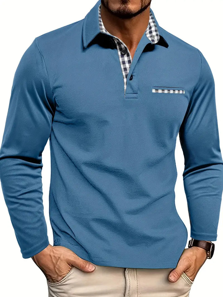 Weston long sleeve polo shirt in light blue, close-up front view