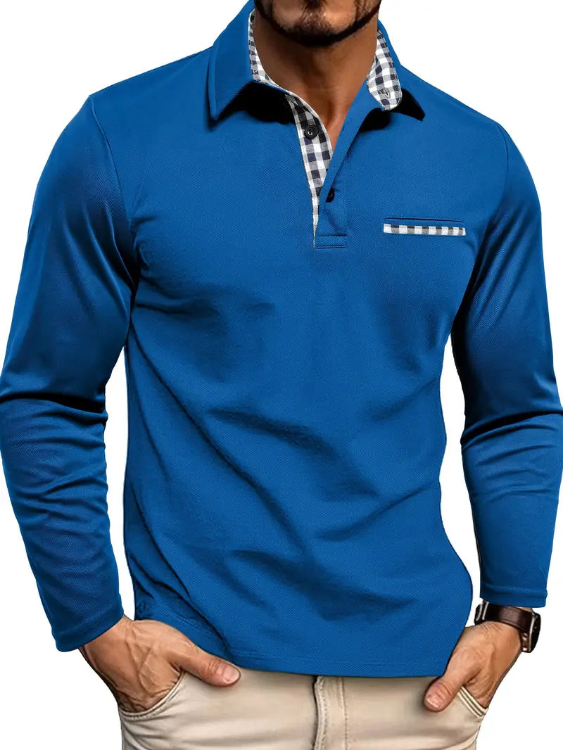 Weston long sleeve polo shirt in blue, front view styled with khaki pants