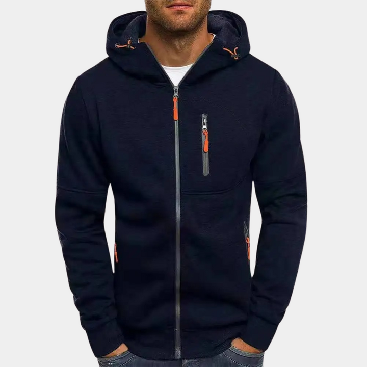 Weston navy blue zip-up hoodie with orange zipper accents, front view