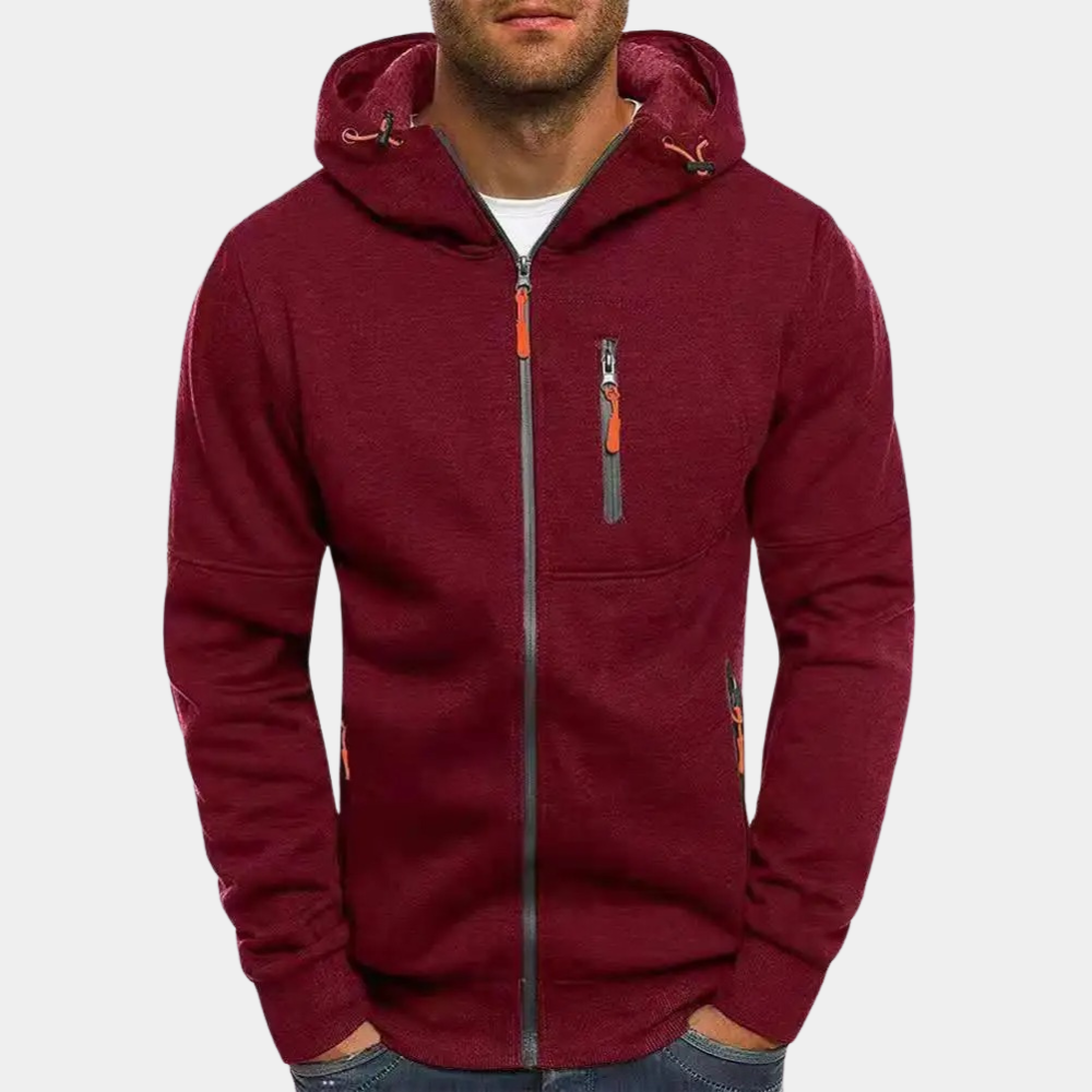 Weston burgundy red zip-up hoodie with orange zipper accents, front view