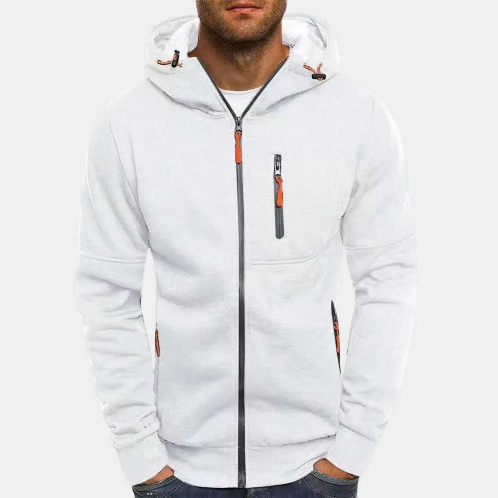 Weston white zip-up hoodie with orange zipper accents, front view