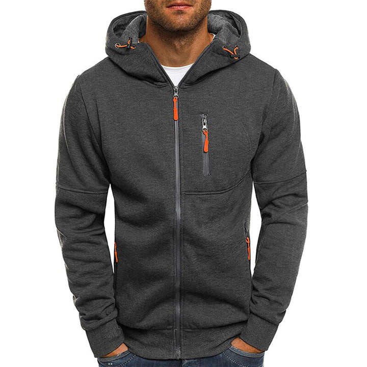 Weston dark gray zip-up hoodie with orange zipper accents, front view close-up