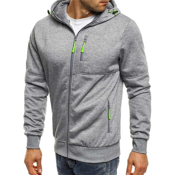Weston light gray zip-up hoodie with green zipper accents, side view