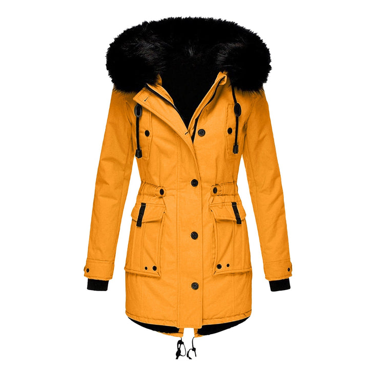 Wilhelmina yellow faux fur hood belted winter parka, front view