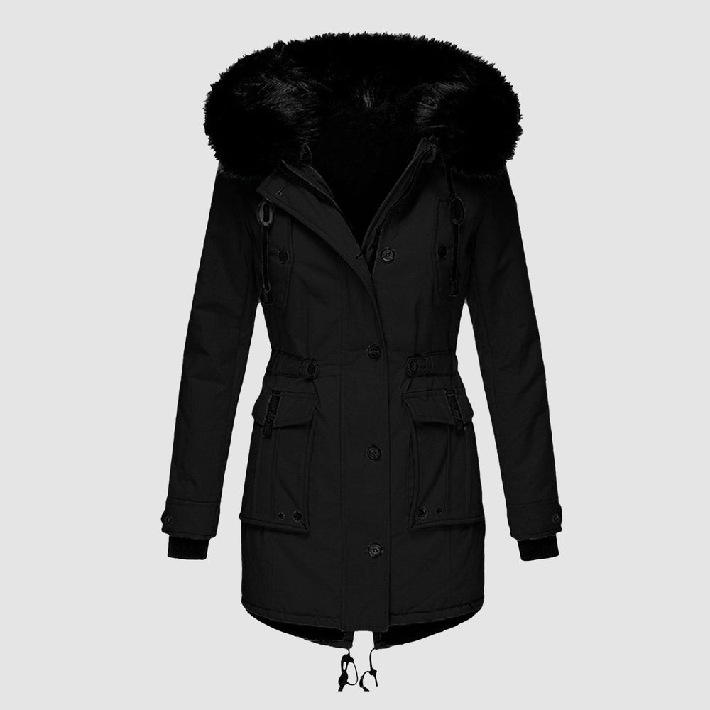 Wilhelmina black faux fur hood belted winter parka, front view