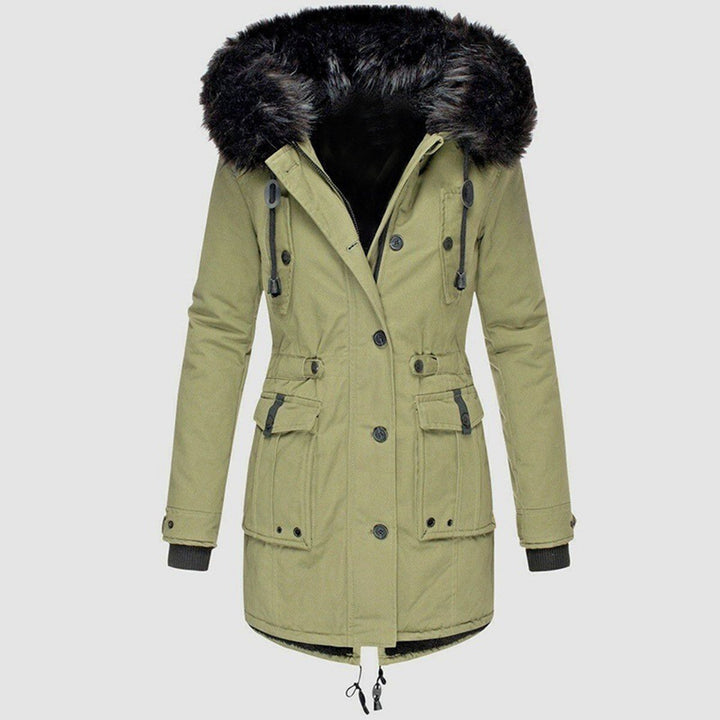 Wilhelmina green faux fur hood belted winter parka, front view