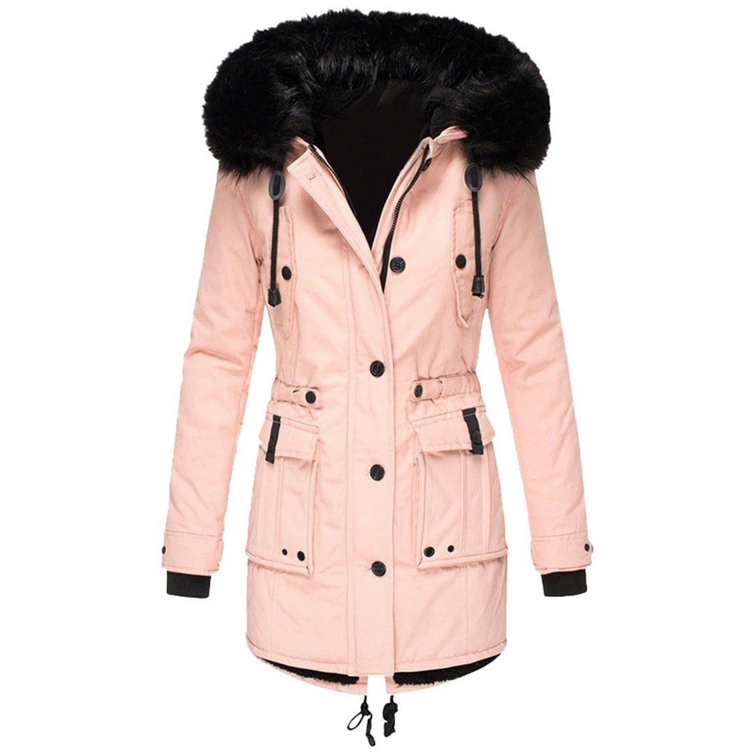 Wilhelmina pink faux fur hood belted winter parka, front view