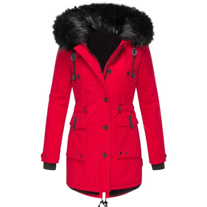 Wilhelmina red faux fur hood belted winter parka, front view