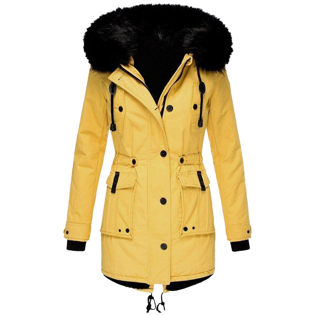 Wilhelmina yellow faux fur hood belted winter parka, front detail view