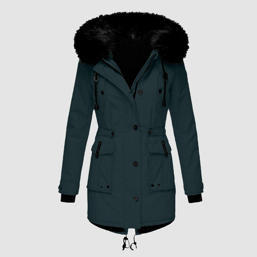 Wilhelmina teal faux fur hood belted winter parka, front view