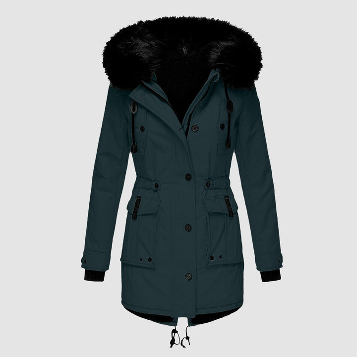 Wilhelmina teal faux fur hood belted winter parka, front view