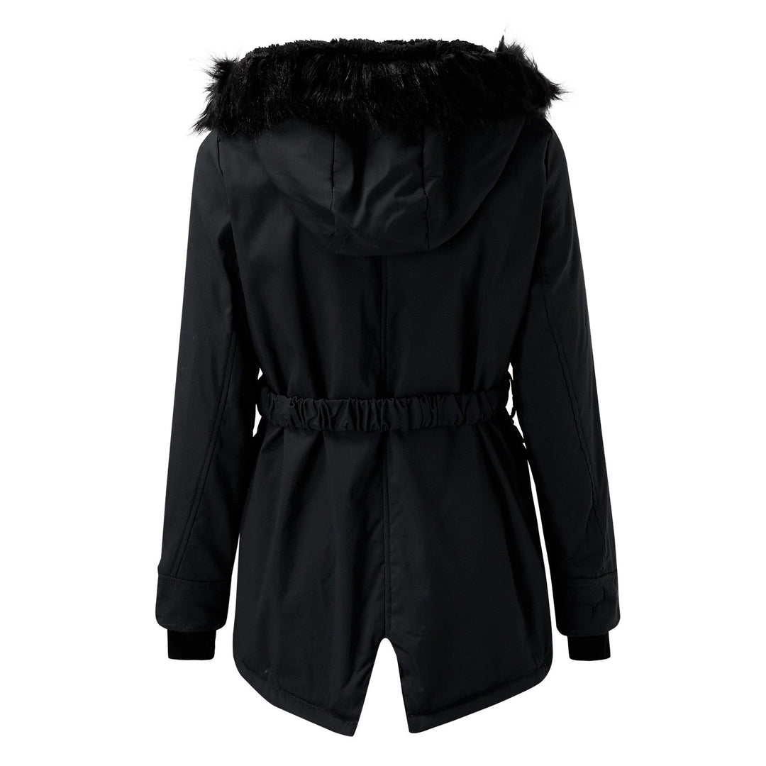 Wilhelmina black faux fur hood belted winter parka, back view
