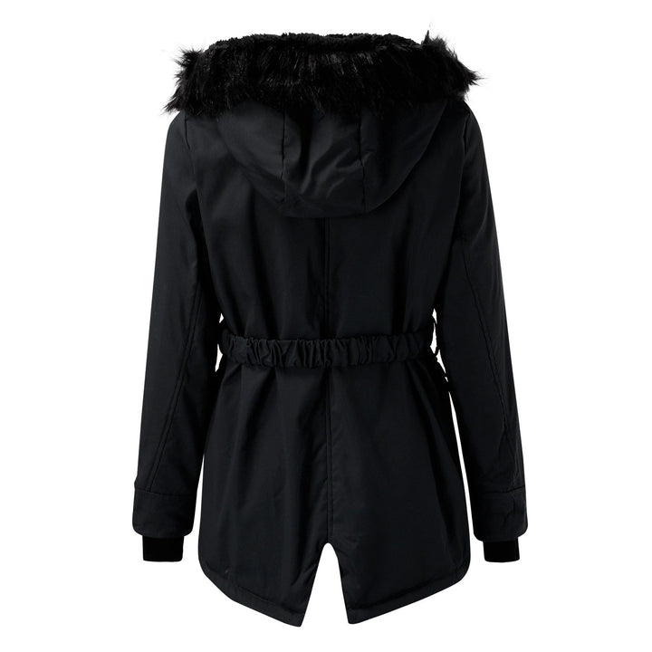 Wilhelmina black faux fur hood belted winter parka, back view