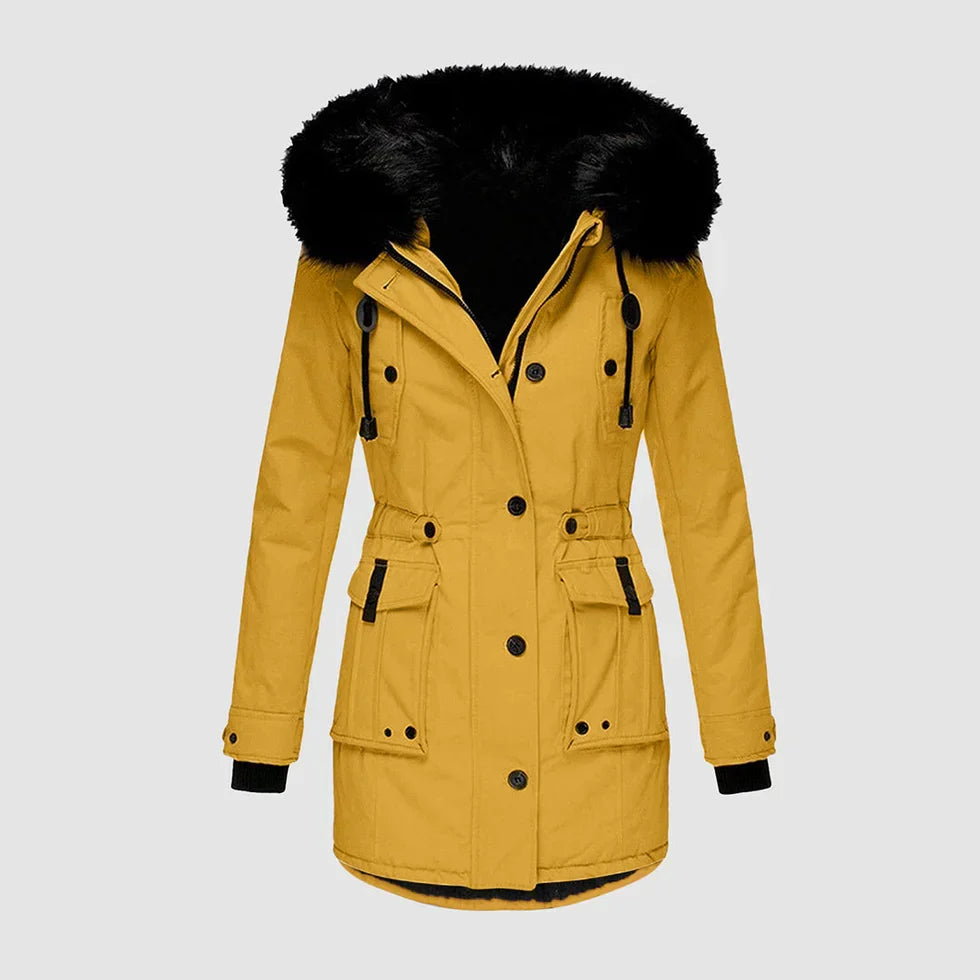 Wilhelmina faux fur hood waterproof parka in yellow, front view