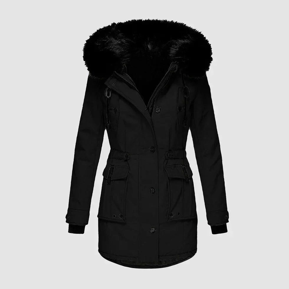 Wilhelmina faux fur hood waterproof parka in black, front view