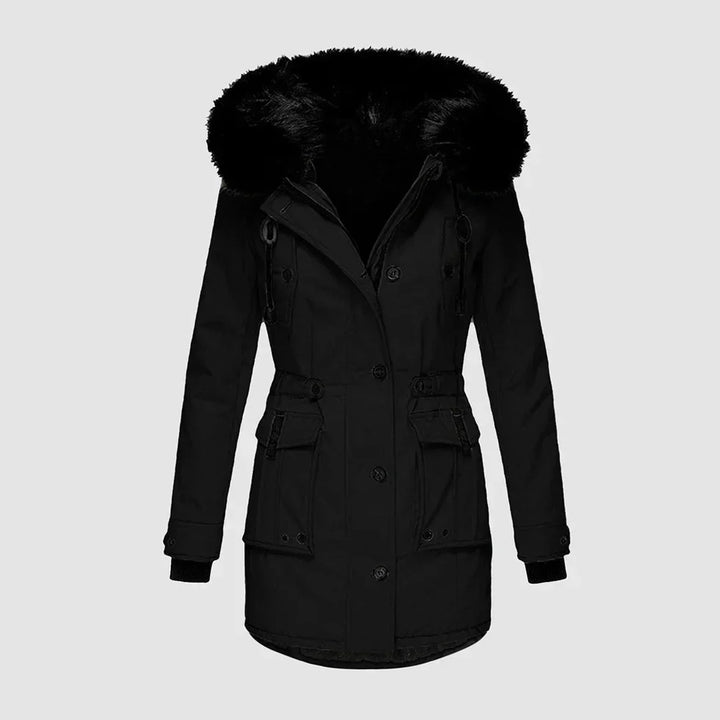 Wilhelmina faux fur hood waterproof parka in black, front view