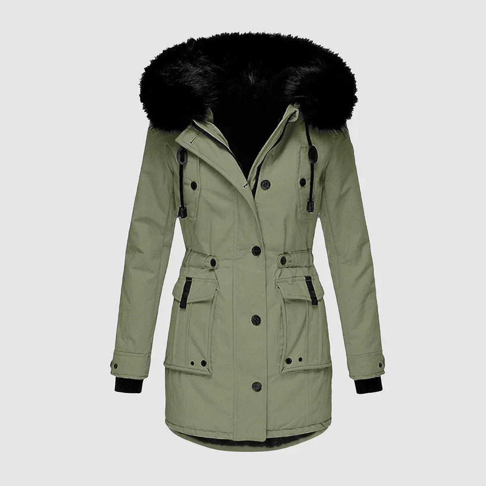 Wilhelmina faux fur hood waterproof parka in green, front view