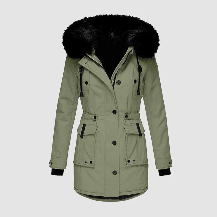Wilhelmina faux fur hood waterproof parka in green, front view