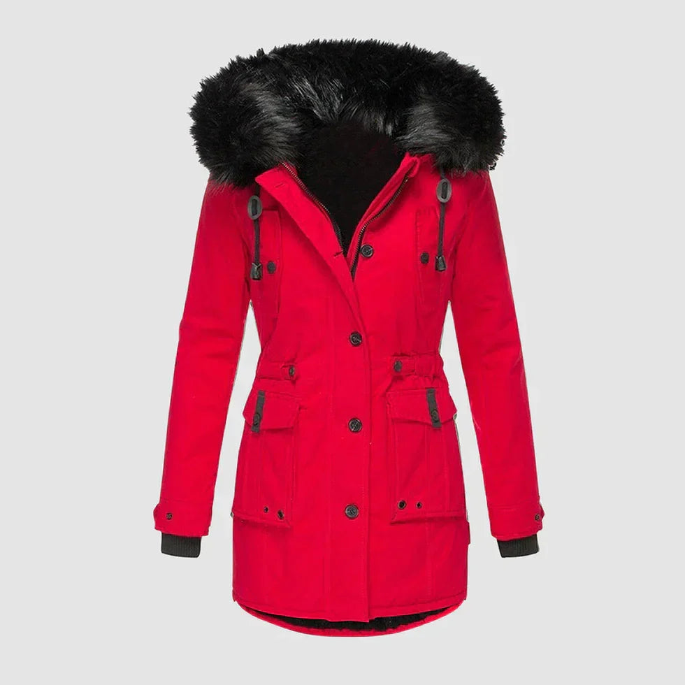 Wilhelmina faux fur hood waterproof parka in red, front view