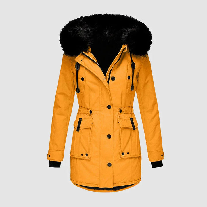 Wilhelmina faux fur hood waterproof parka in yellow, front view close